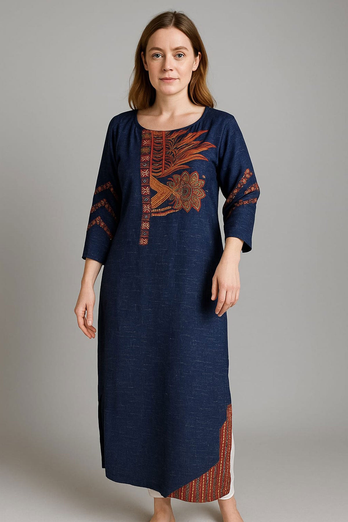Silakaari Rahma Navy blue Embroidered Extra Long Rayon kurti