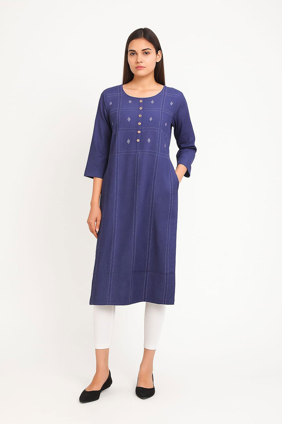 Silakaari Noora Printed Button Stylish Soft Denim Long Kurti