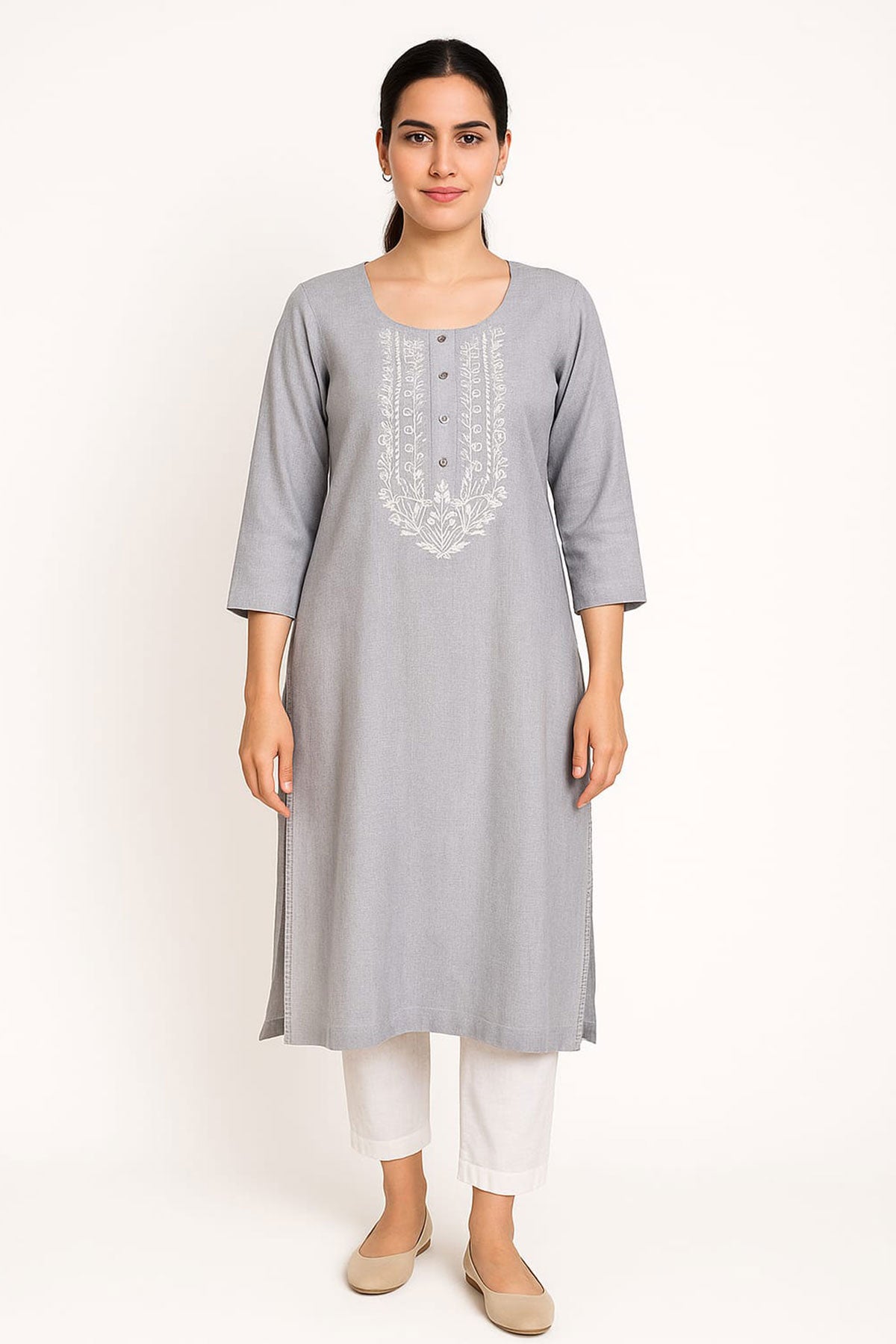 Silakaari Falak Handloom Grey Embroidered Straight Long Kurti