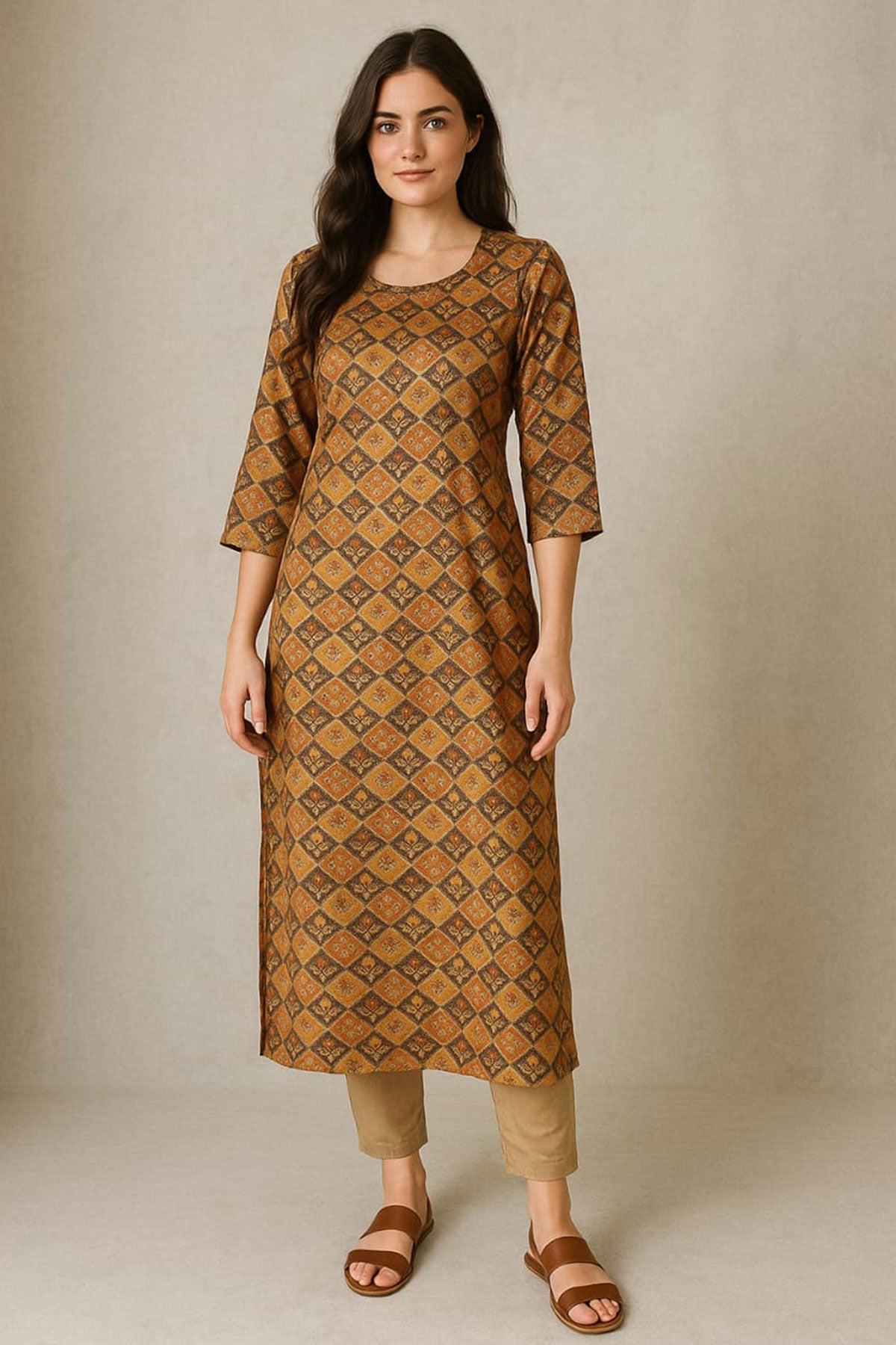 Silakaari Liyana Patola Print Mustard Rayon Straight Long Kurti with Mirror work