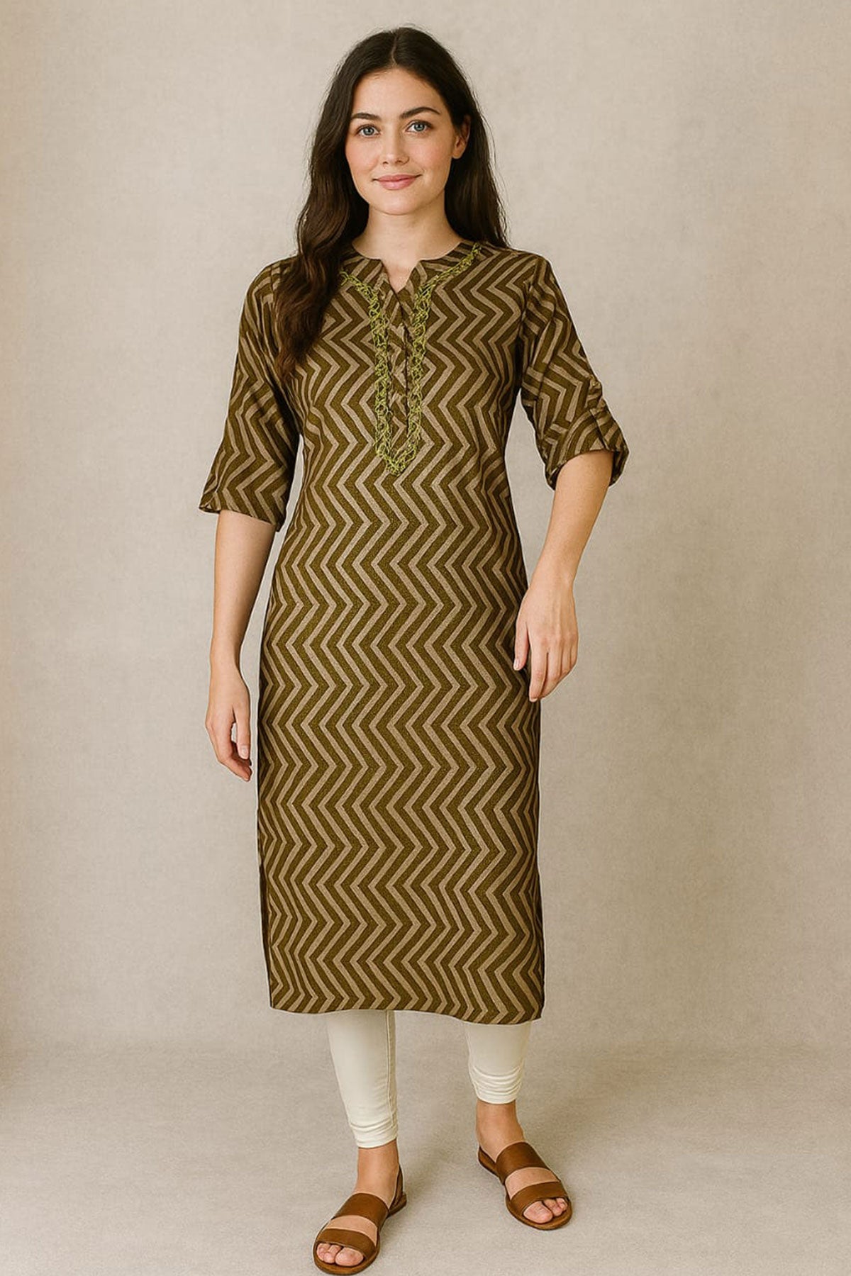 Silakaari Parveen Party Wear Muslin Mehendi Green Kurti with Golden Print