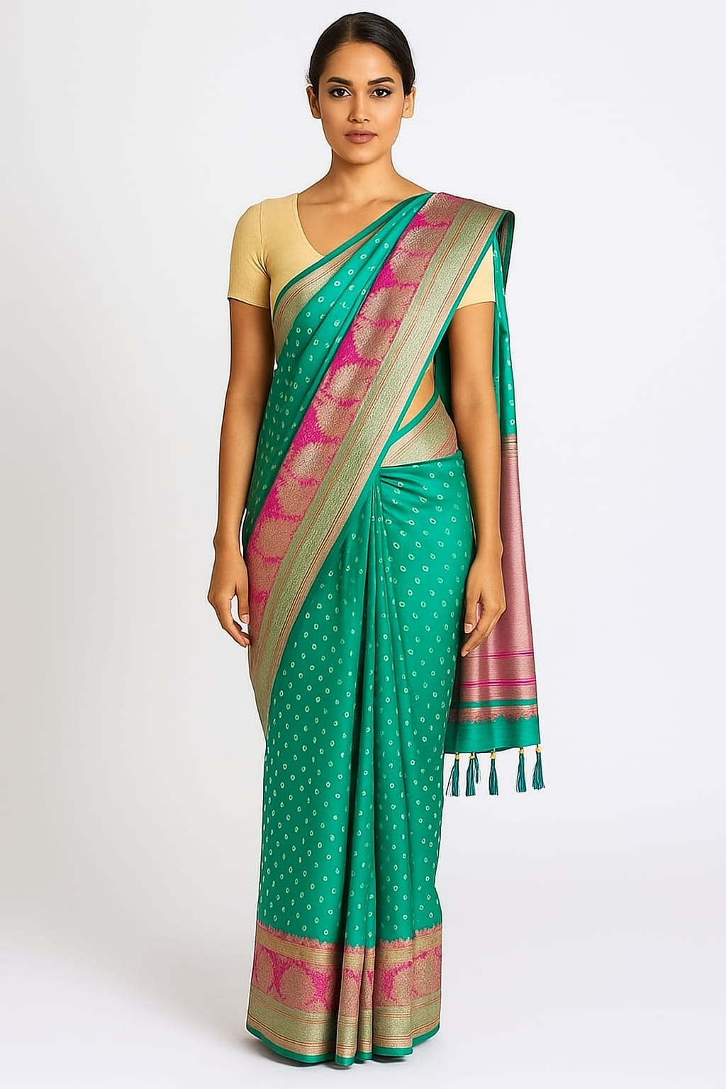 Luft Orangish Green Zardosi Embroidery Heavy Silk Bridal Saree