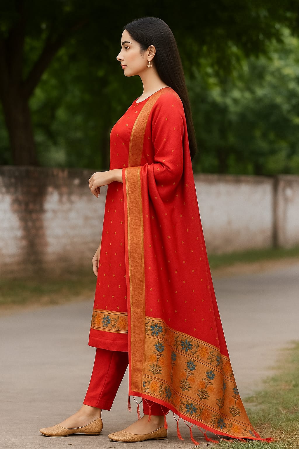 Silakaari Banarasi Silk Woven Zardosi Work & Golden foil Apple Red Unstitched Suit