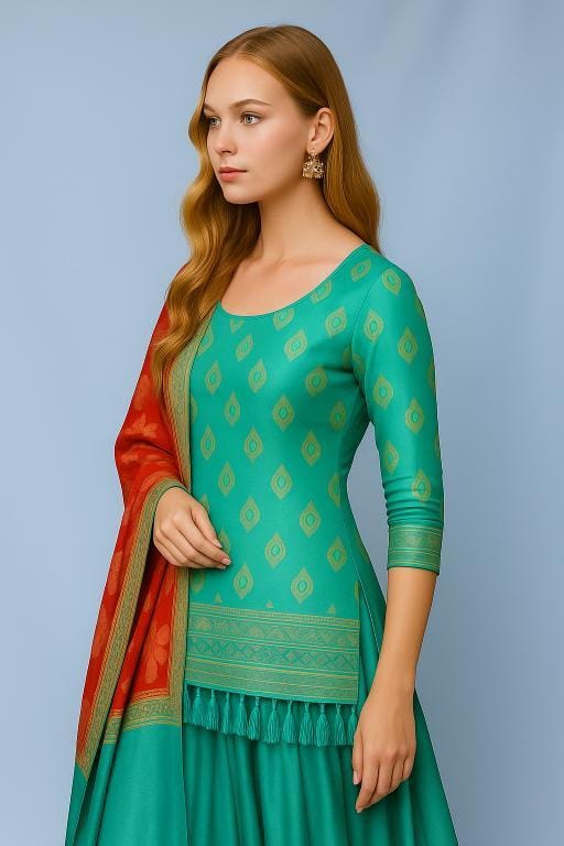 Silakaari Women's Green-Red Heavy Zari Banarasi Work Unstitched Dress Material
