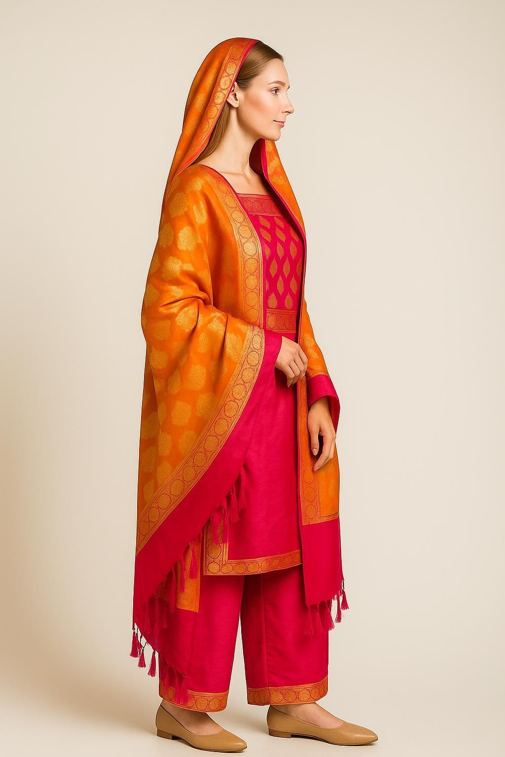 Silakaari Afsana Orange-Hot Pink Double Zari Banarasi Silk Unstitch Salwar Suit