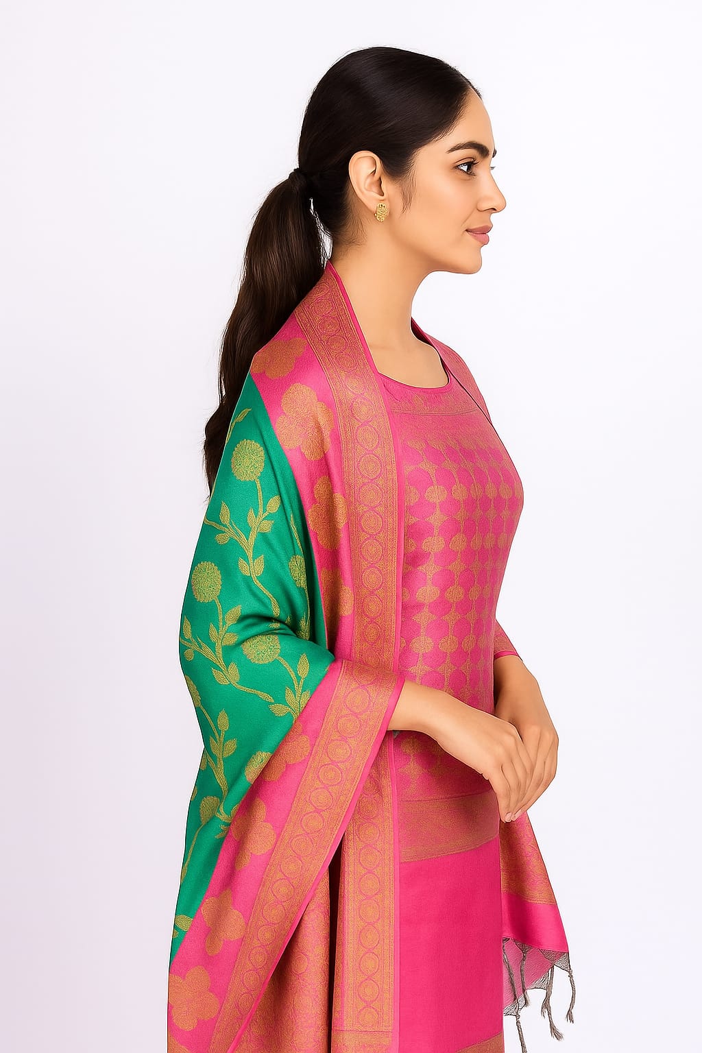 Silakaari Zubaida Banarasi Green-Pink Hand Woven Unstitch Dress Material