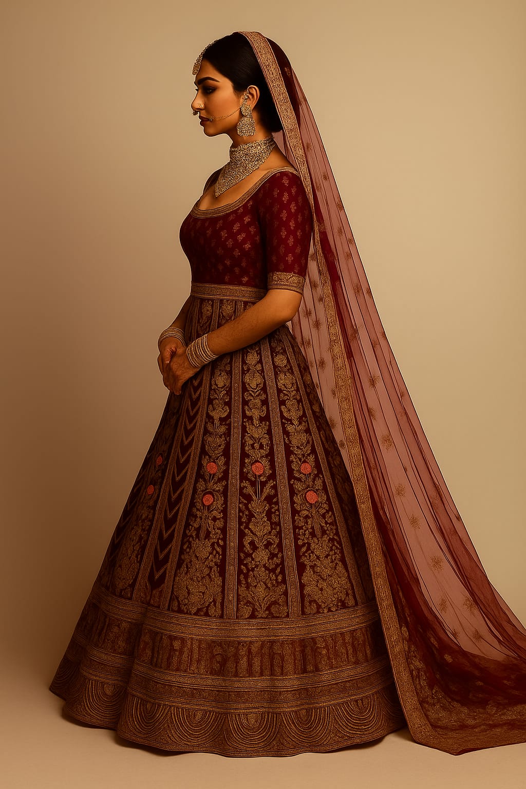 Silakaari Maroon Velvet Bridal Lehenga with Zari, Zarkan & Cutdana Work