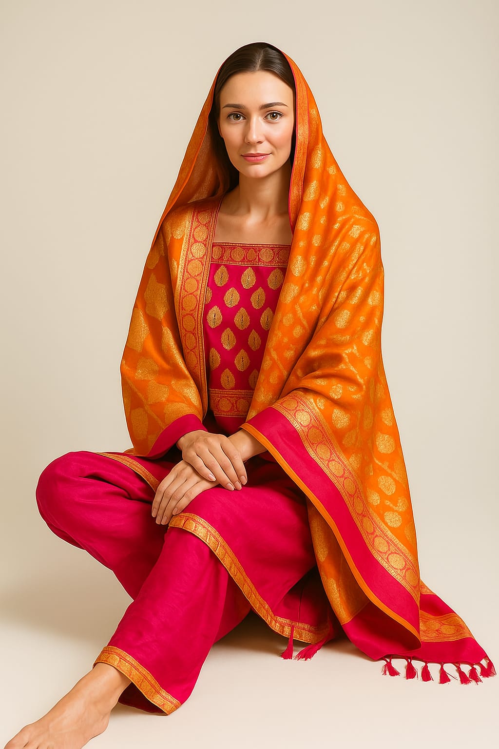 Silakaari Afsana Orange-Hot Pink Double Zari Banarasi Silk Unstitch Salwar Suit