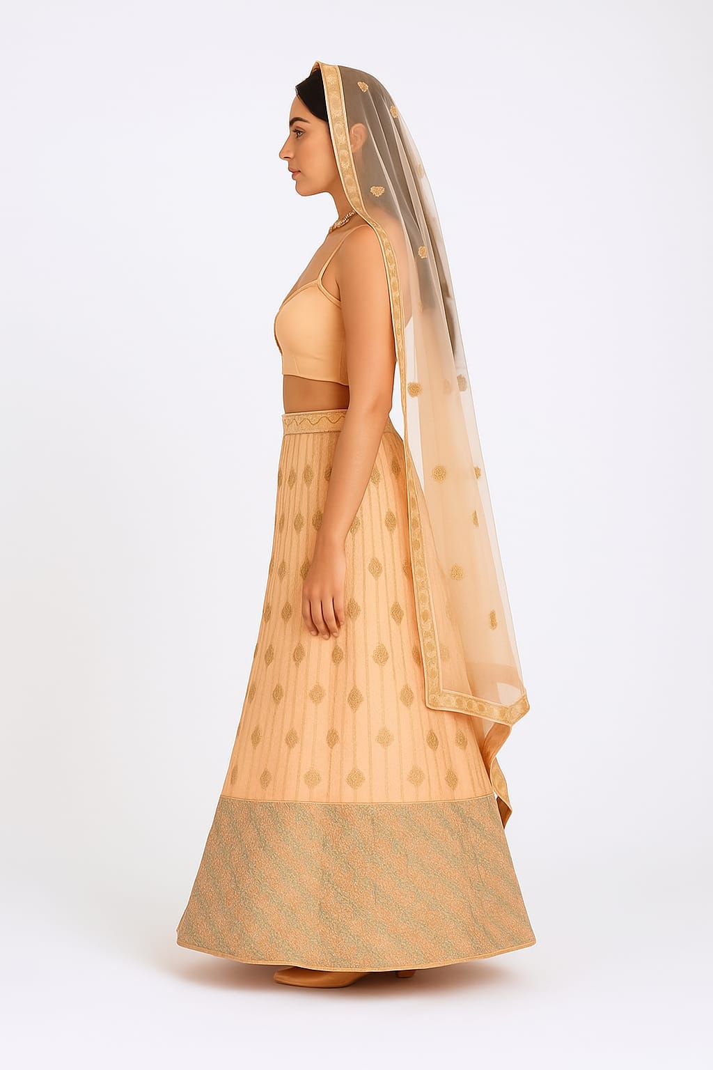 Silakaari Maghroor Peach Multi-Color Pure Net Zari Dimond Party Wear Unstitched Lehenga Set