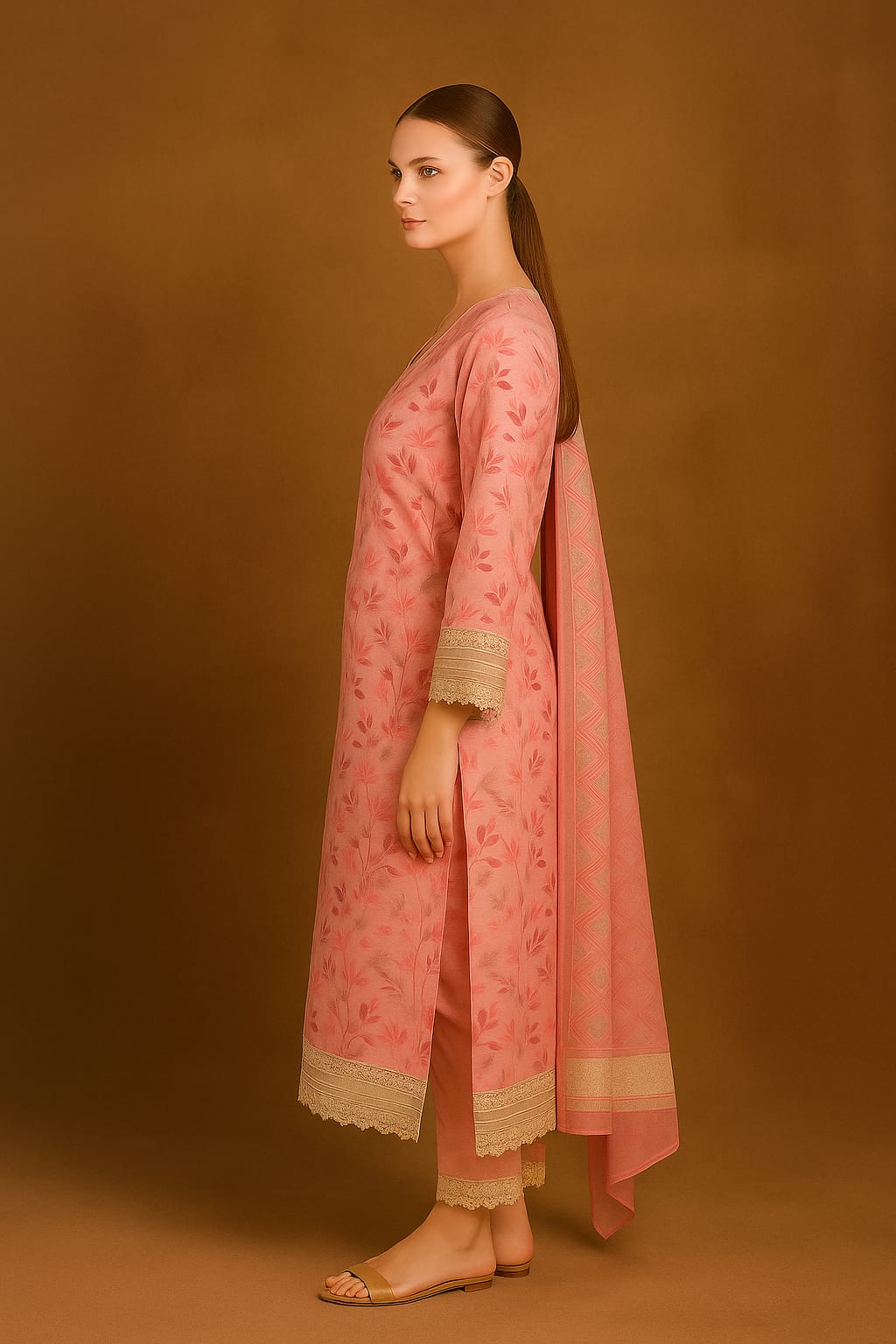 Silakaari Women's Pink Mirror Floral Lacy Front Designer  Ready-made Dress