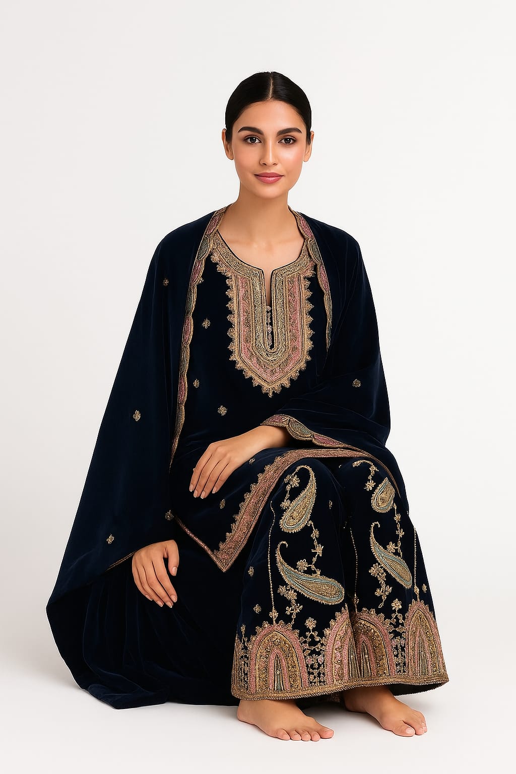 Silakaari Gehraiyaan Dark Blue-Gold Sequin Zari Bridal Pure Velvet Kurti Palazzo Set
