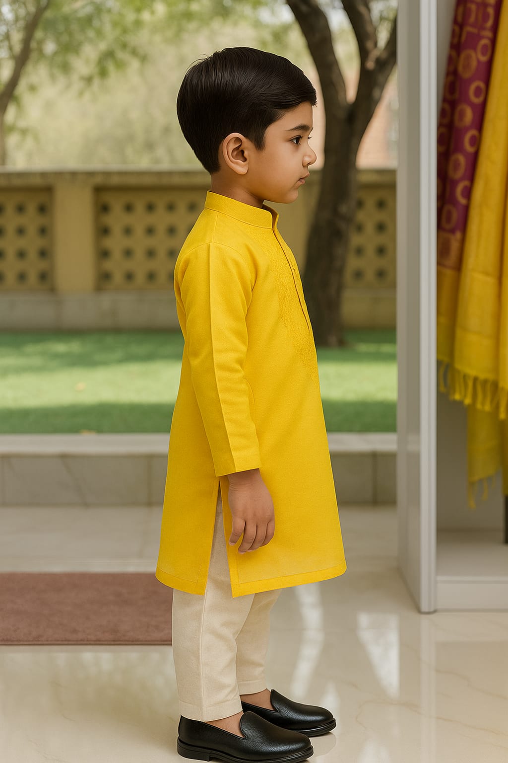 Silakaari Kids Bright Yellow Lucknowi Pure Cotton Kurta pajama Set For Boys