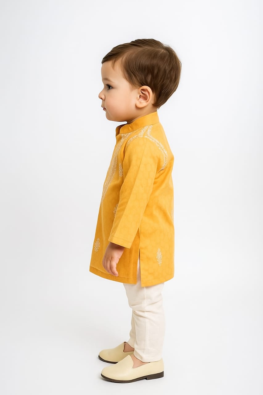 Silakaari Kabir Peach-White Pure Lucknowi Chikankari Kurta Pyjama Set For Boys