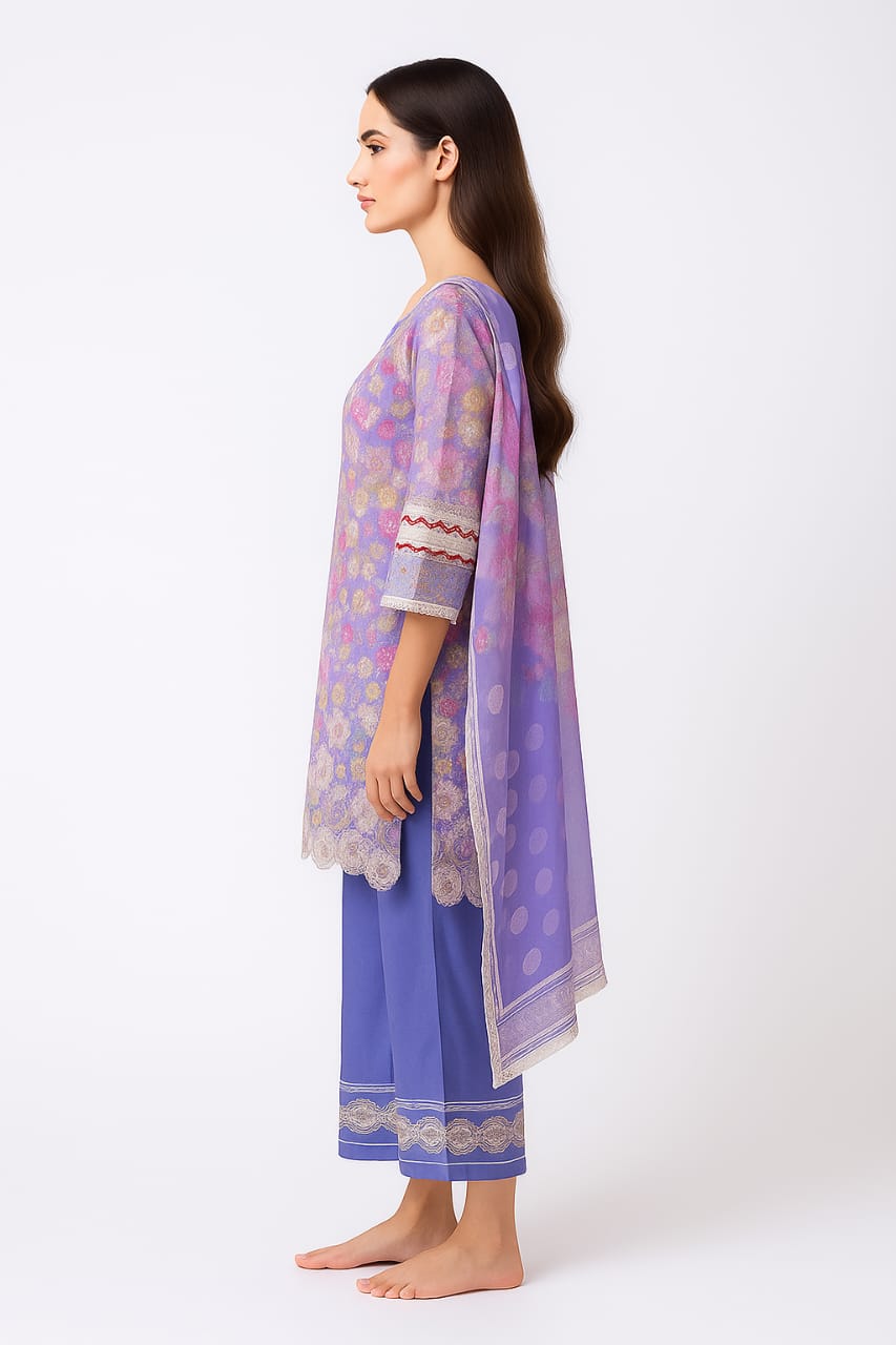 Silakaari Faraham Purple Pure Lawn Lacy Chikan Organza Patch Kurti With Semi-Palazzo Pakistani Ready-Made Dress