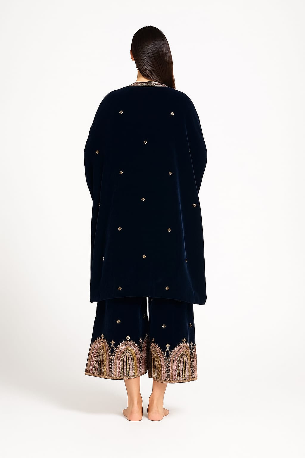 Silakaari Gehraiyaan Dark Blue-Gold Sequin Zari Bridal Pure Velvet Kurti Palazzo Set