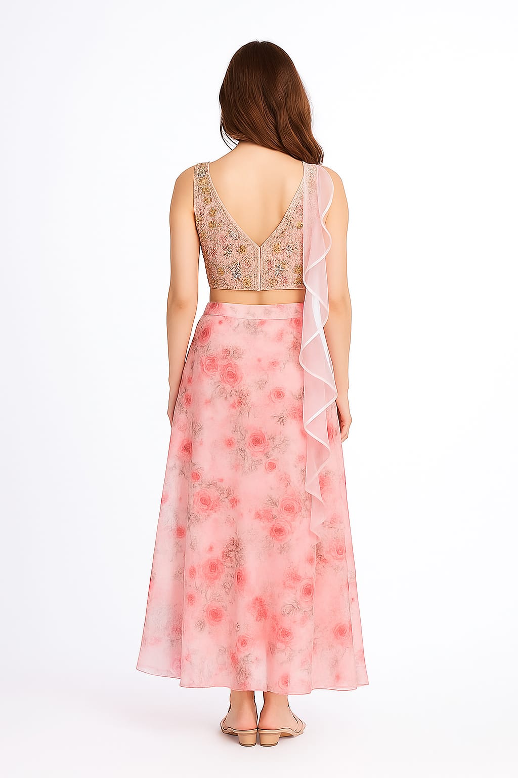 Silakaari Pink Organza Rose Floral Party Wear Lehenga Sharara set