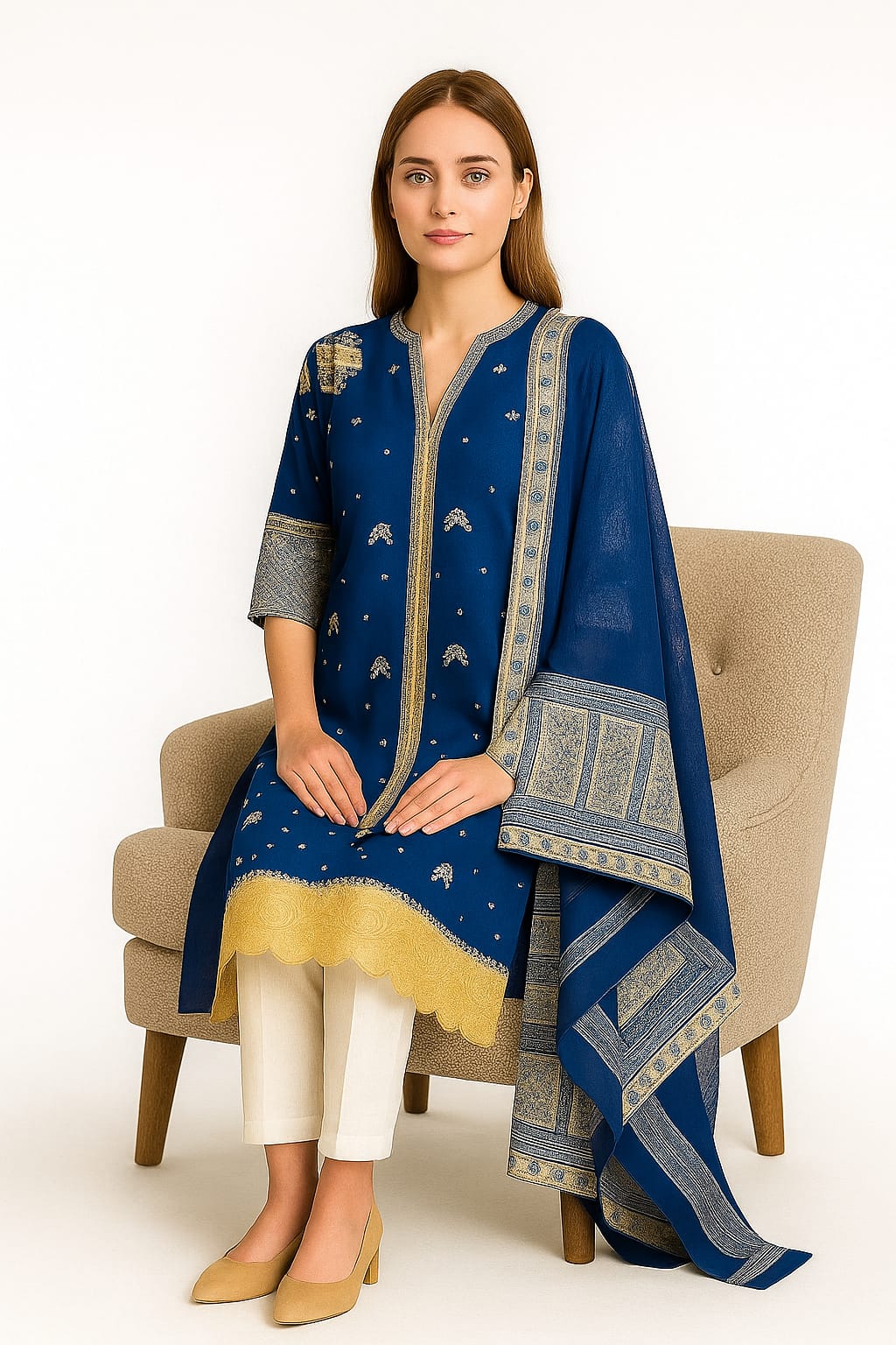 Silakaari Zebunnisa Pure Lawn Blue-Yellow Front Panel Super Lawn kalamkar Pakistani Ready-Made Dress