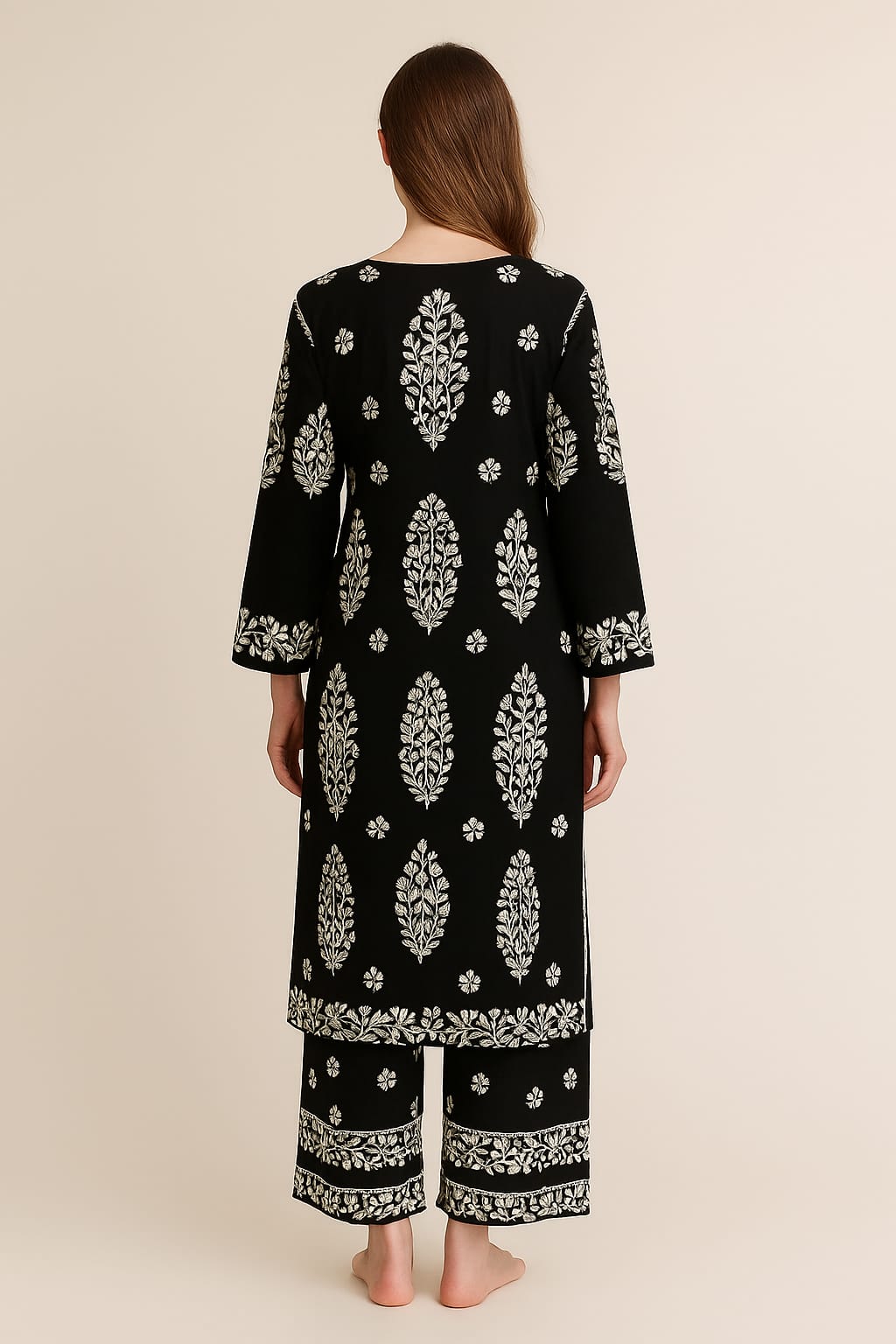 Silakaari Women's Pure Modal Lucknowi Premium Kurti Palazzo Set