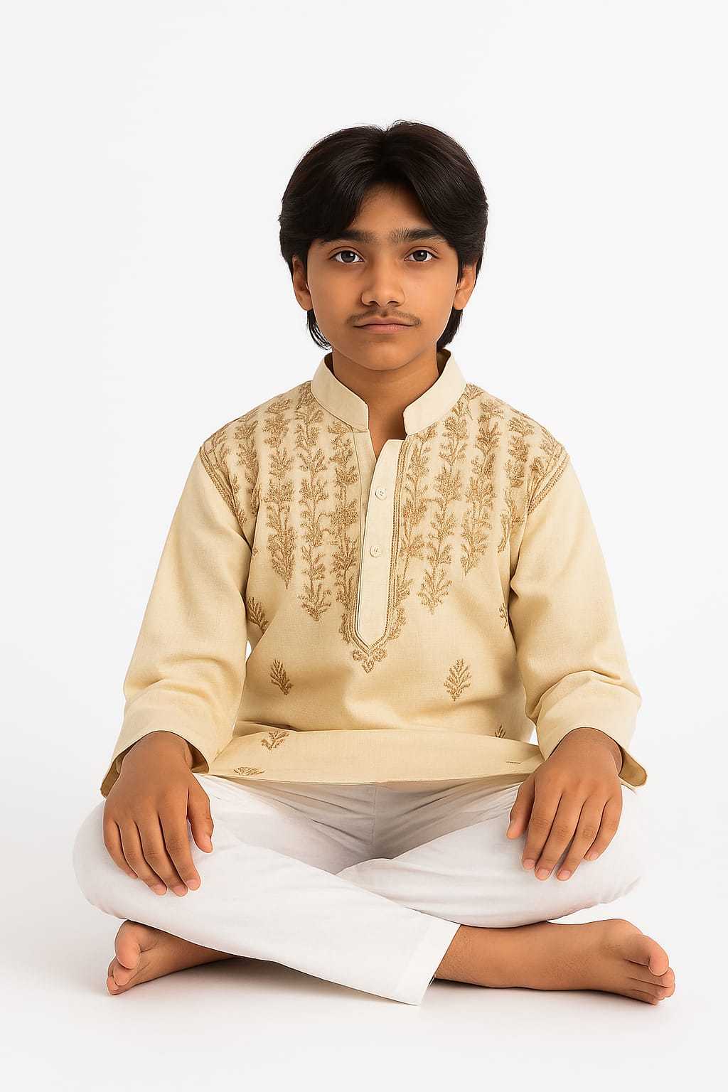 Silakaari Aayan Beige-Brown Pure Lucknowi Chikankari Kurta Pyjama Set For Boys