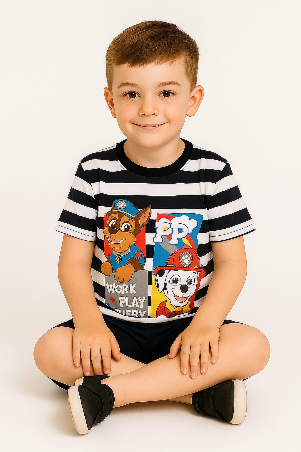Silakaari Kids Black & White Striped Puppy Print Casual T-Shirt For Boys