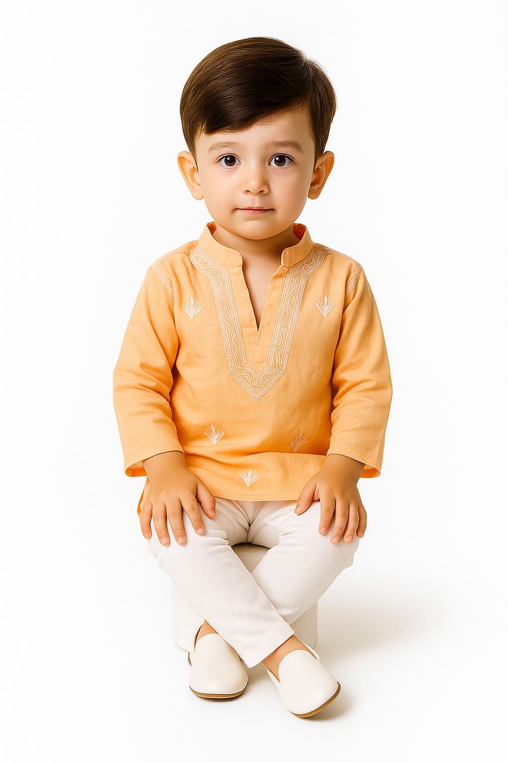Silakaari Aarav Beige-White Pure Lucknowi Chikankari Kurta Pyjama Set For Boys
