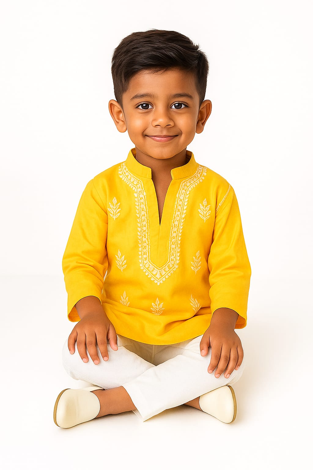 Silakaari Krrish Yellow-White Pure Lucknowi Chikankari Kurta Pyjama Set For Boys