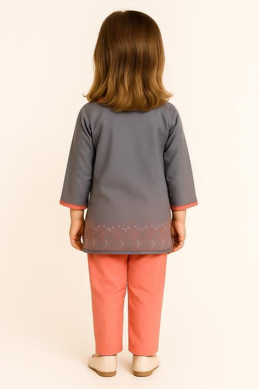 Silakaari Anam Grey-Pink Pure Cotton Lucknowi ChikanKari Kurti Pant Set For Girls