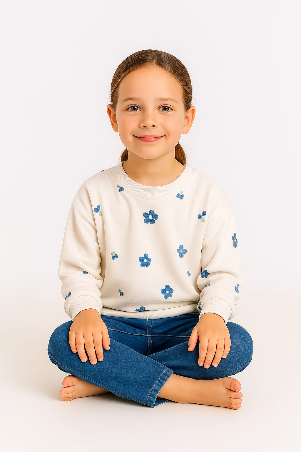 Silakaari Minha White Floral T-Shirt With Denim Baggy Side Pockets Jeans Set for Girls