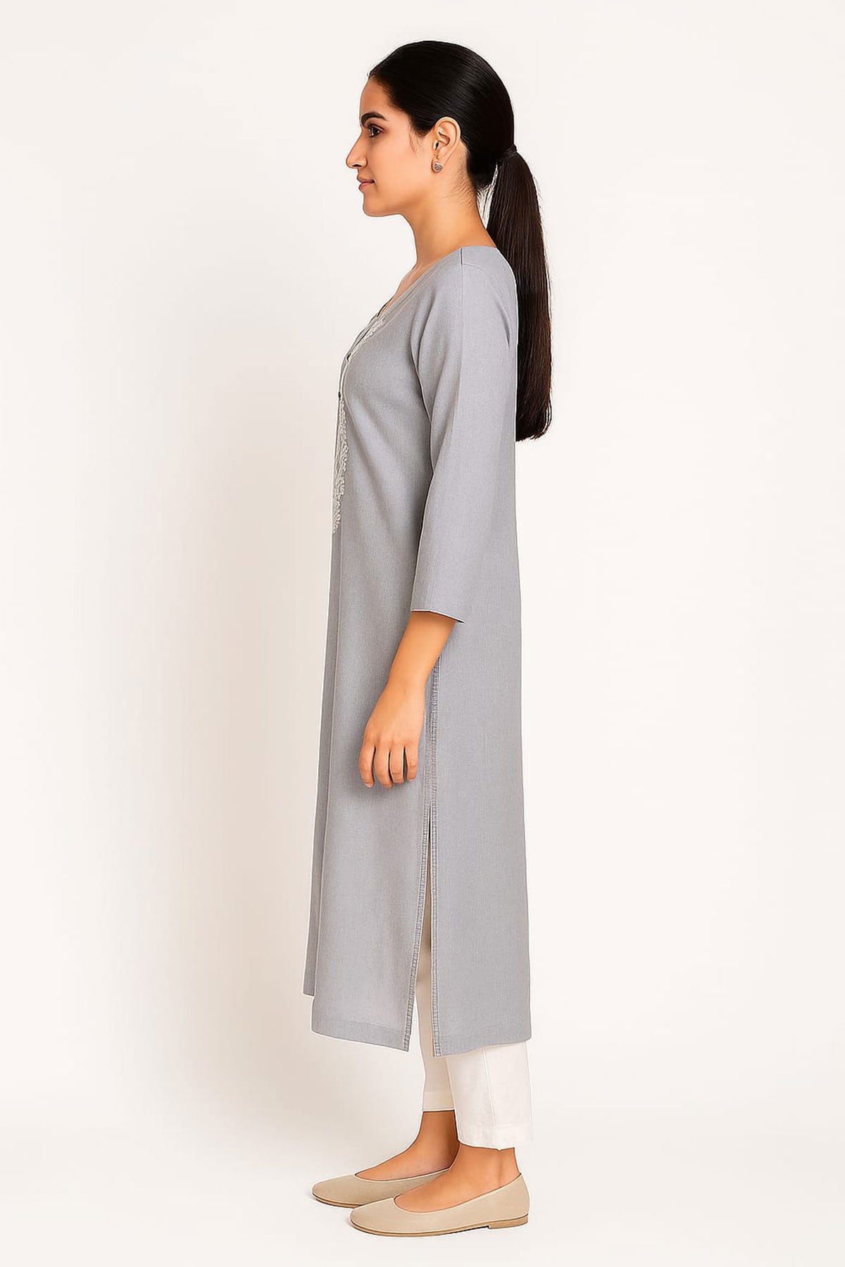 Silakaari Falak Handloom Grey Embroidered Straight Long Kurti