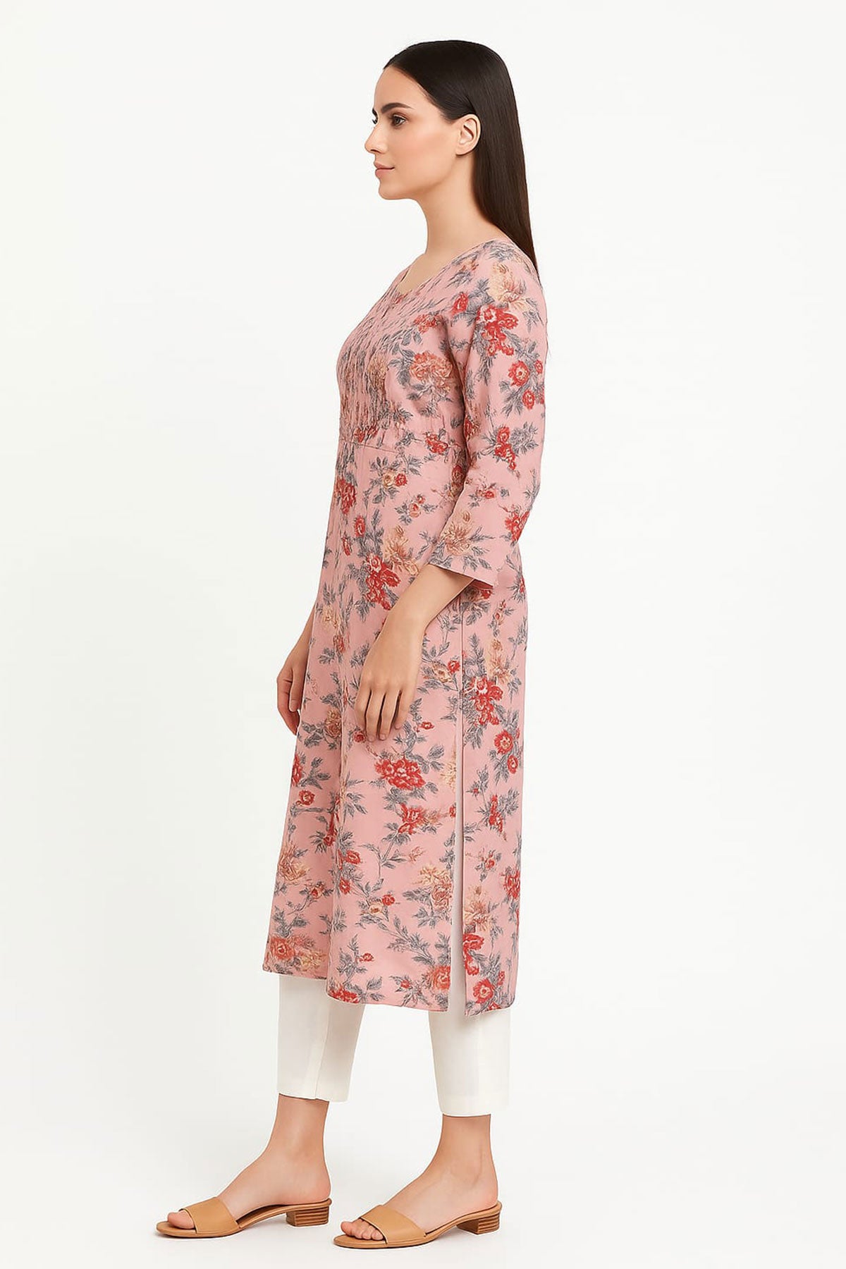 Silakaari Adeela Digital Printed Mirror Smocking Straight Long Kurti