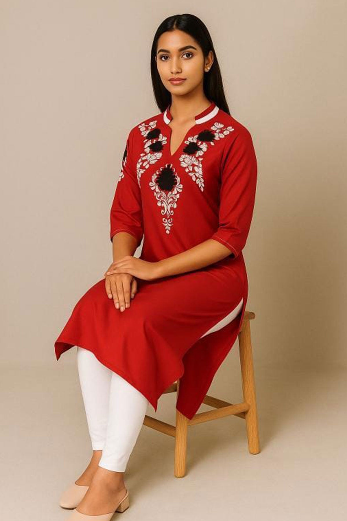 Silakaari Bisma Red Zari Gota Embroidered Rayon Kurti