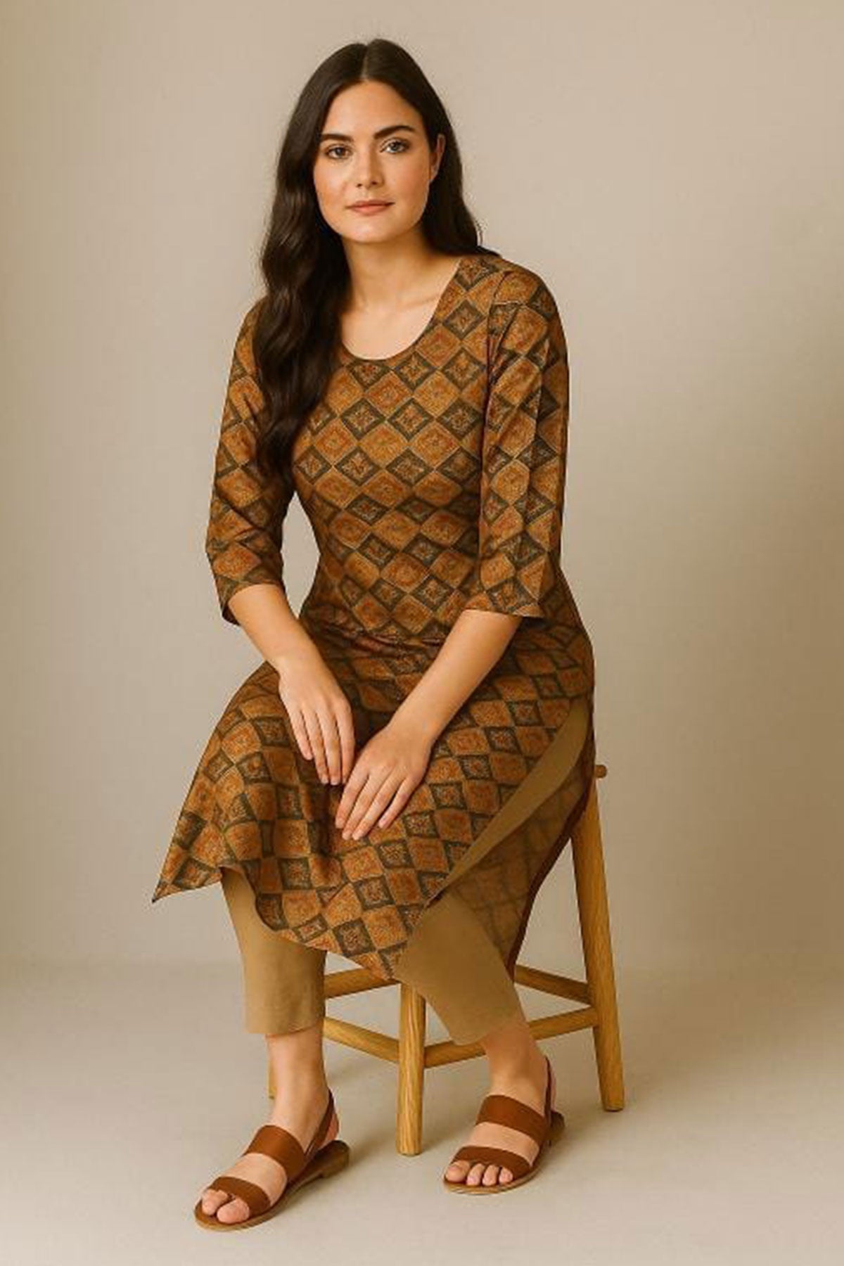Silakaari Liyana Patola Print Mustard Rayon Straight Long Kurti with Mirror work