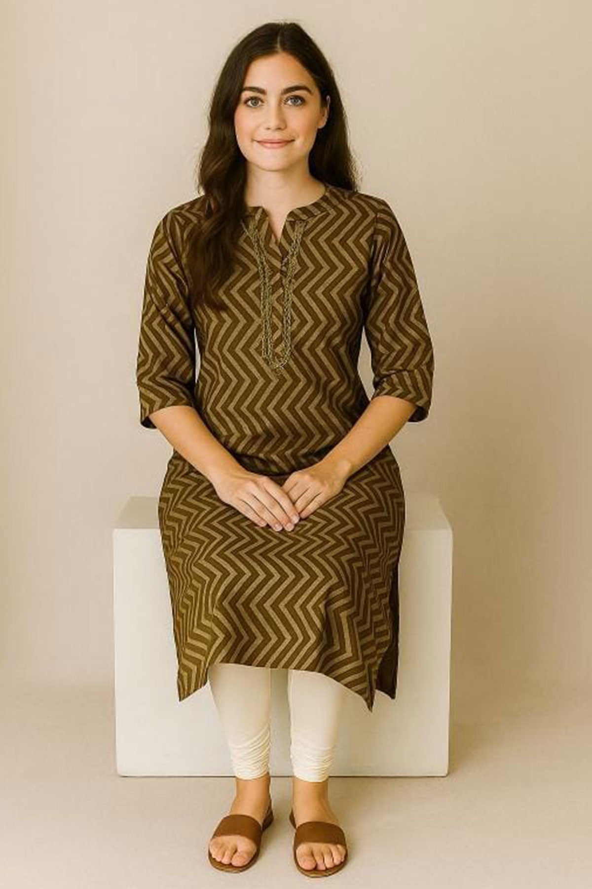 Silakaari Parveen Party Wear Muslin Mehendi Green Kurti with Golden Print