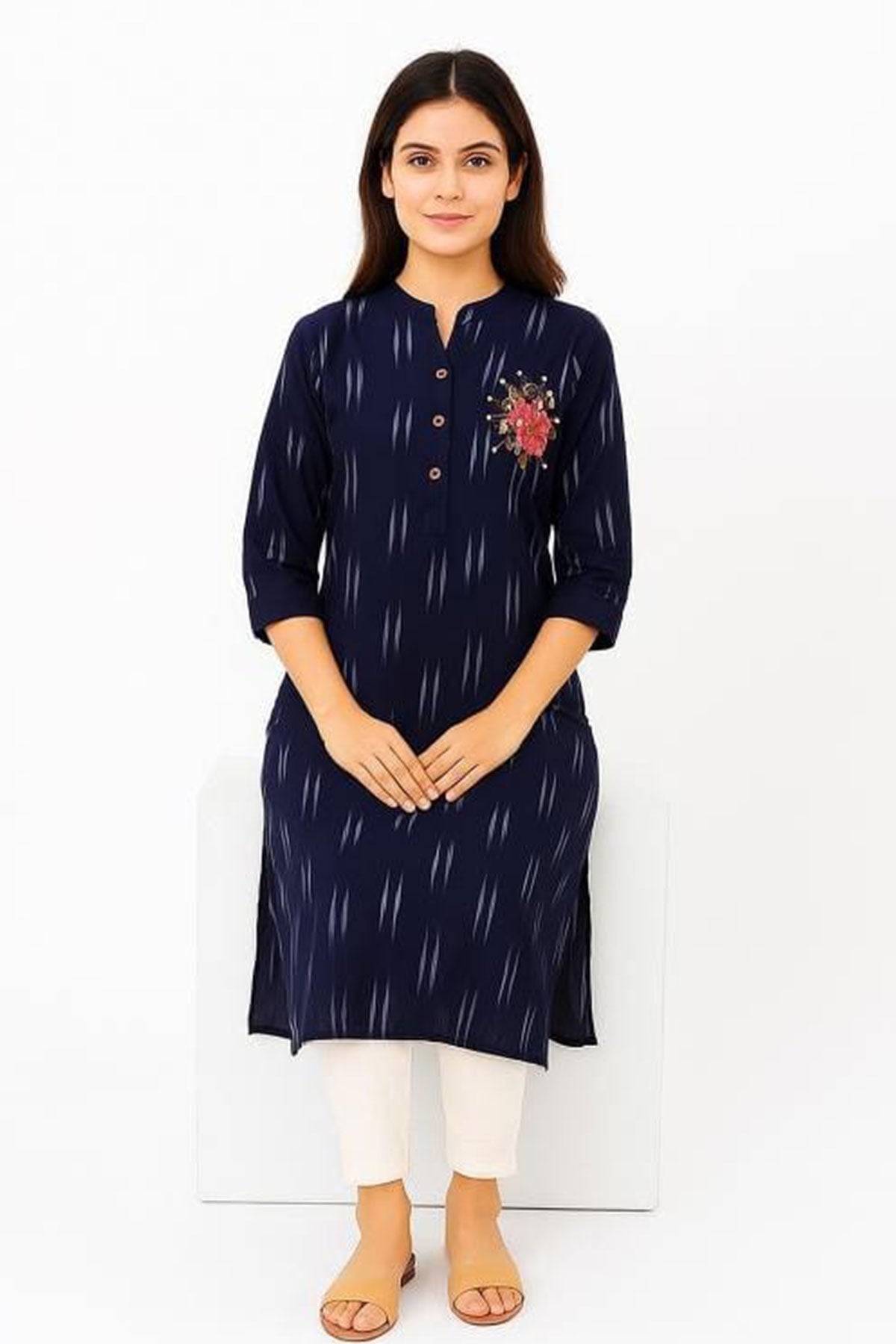 Silakaari Yalina Navy Blue Printed Hand Embroidery Long Kurti