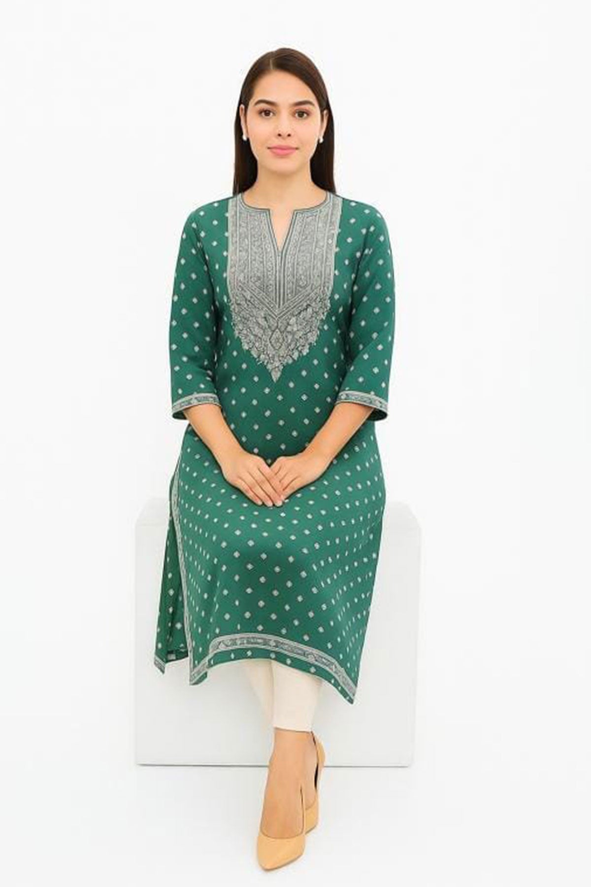Silakaari Fariha Heavy Green Printed Mirror Work Full Length Aline Kurti