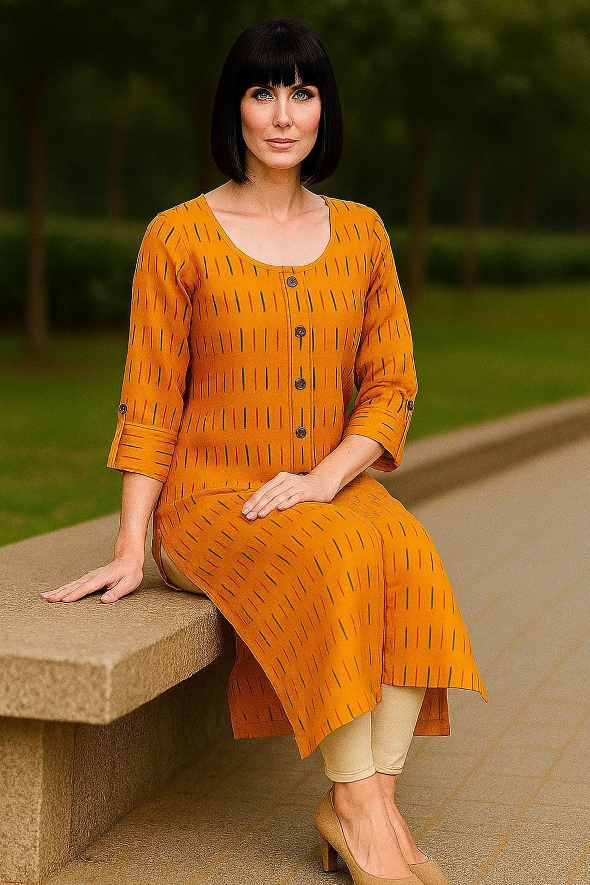 Silakaari Tahira Yellow Printed Straight Cut Cotton Long Kurti