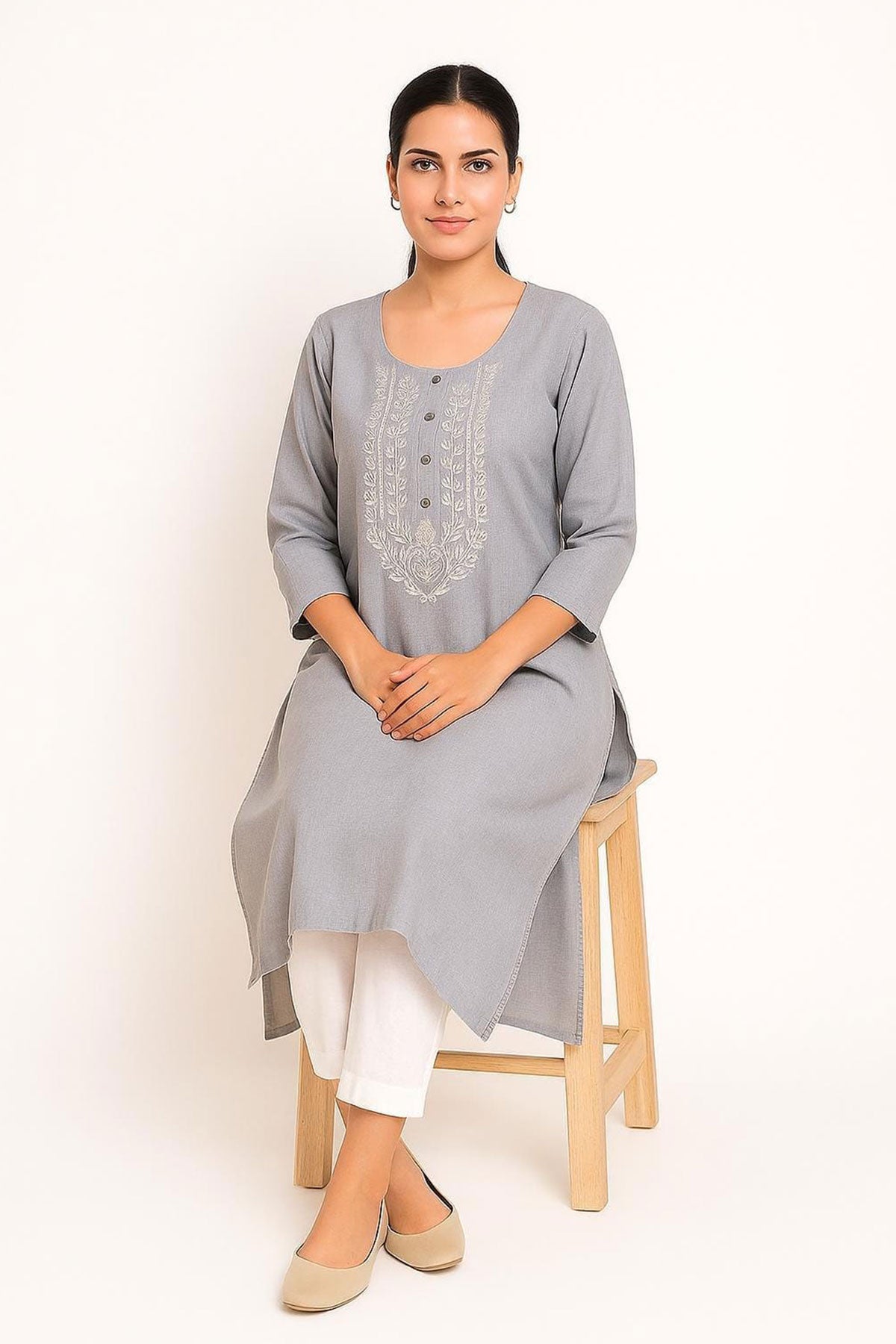 Silakaari Falak Handloom Grey Embroidered Straight Long Kurti