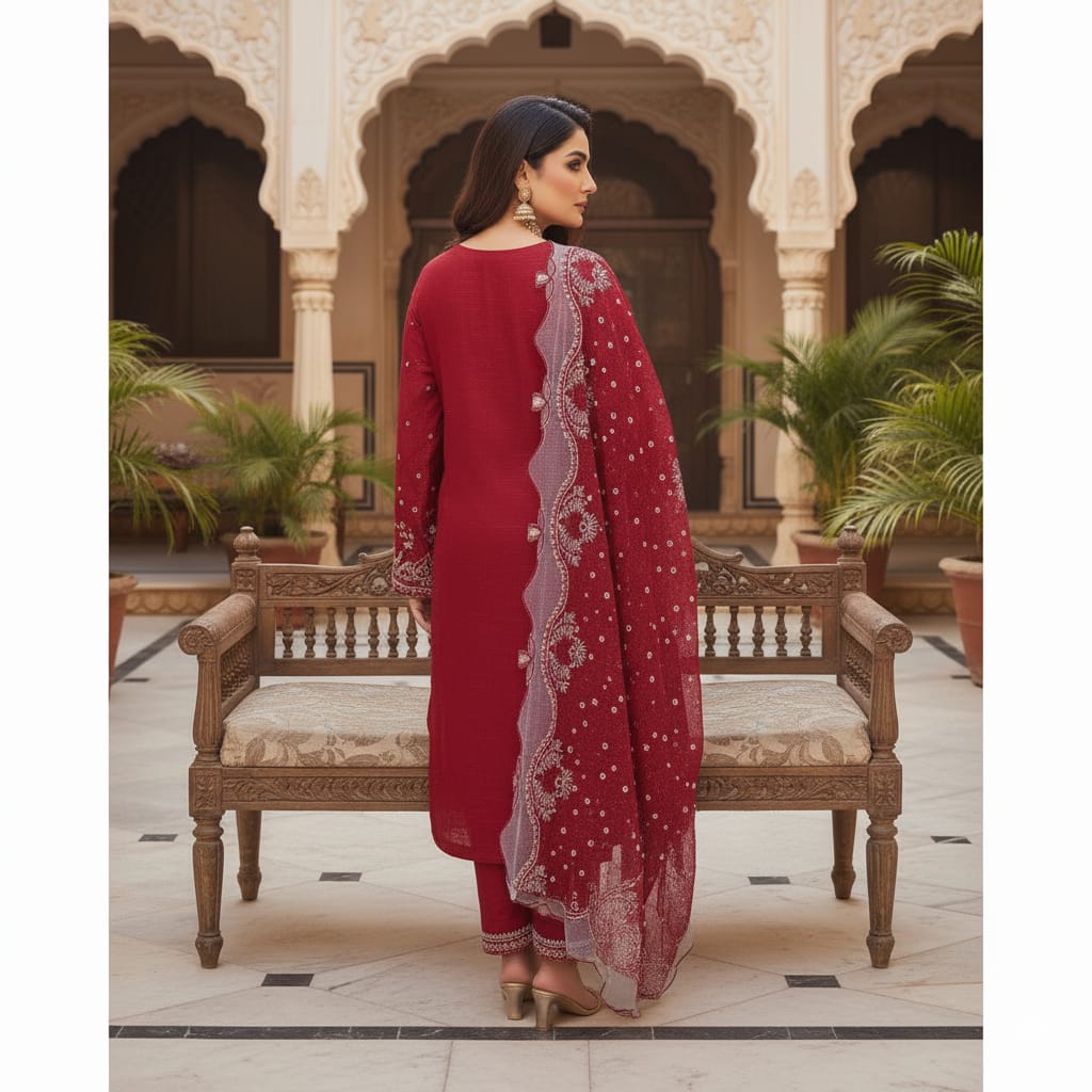 Silakaari Shehzadi Maroon-White Pure Lawn Organza Premium Unstitched  Suits