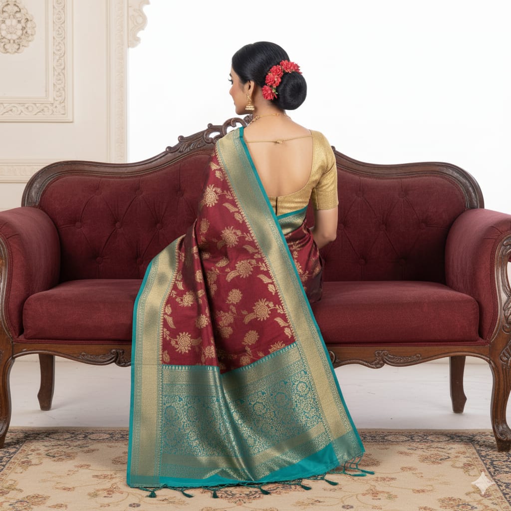 Silakaari Mahogany Maroon Zari Banarasi Festive Saree
