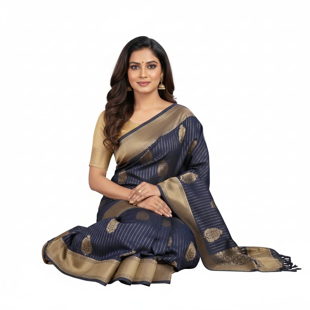 Silakaari Mohak Zari Dark Blue-Gold Fancy Banarasi Saree