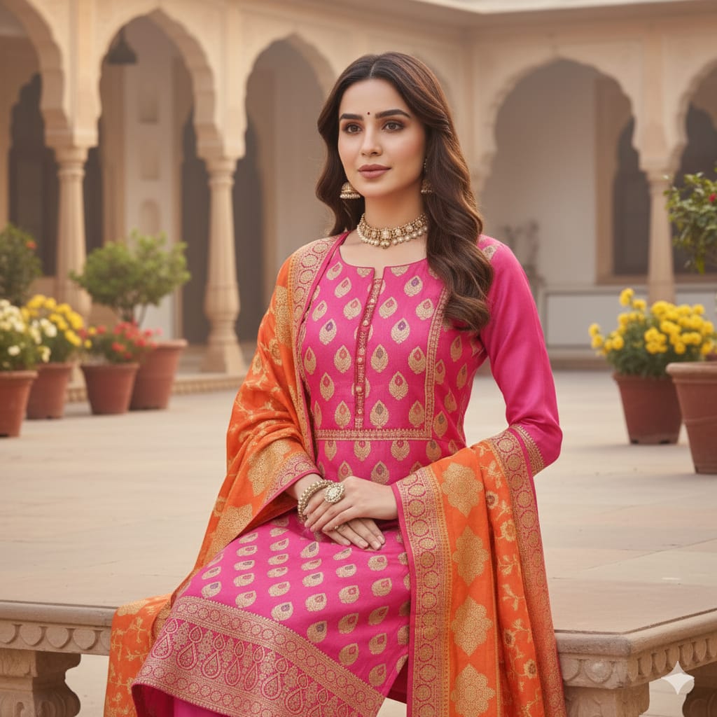 Silakaari Afsana Orange-Hot Pink Double Zari Banarasi Silk Unstitch Salwar Suit