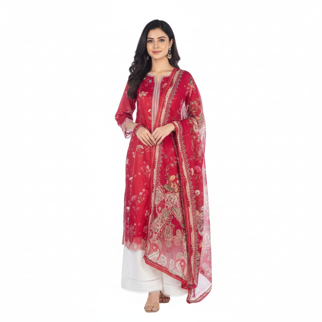 Silakaari Saaz Hot Pink Pure Lawn Embroidery Organza Patch Work  Ready-Made Dress