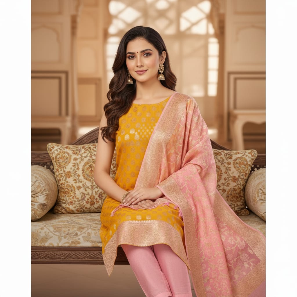 Silakaari Banarasi Zari Brocade Unstitched Suit Set Yellow-Pink With Banarasi Dupatta