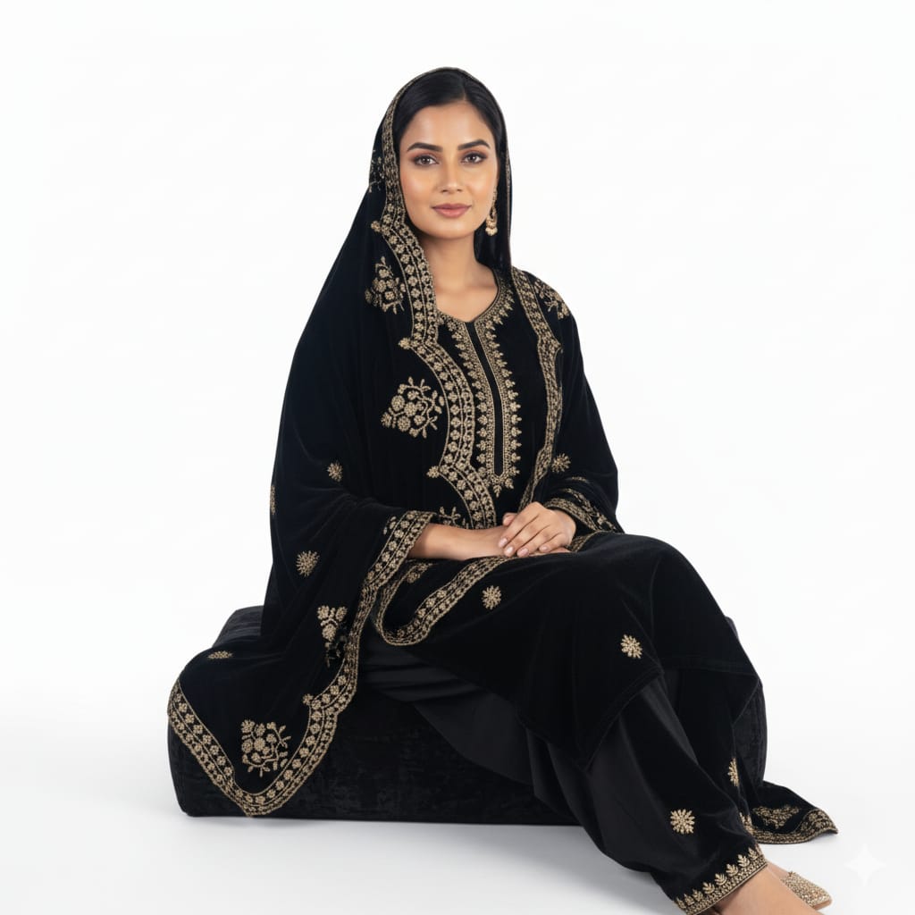 Black Classic Velvet Embroidery Work Heavy Bridal Kurti Pant Set