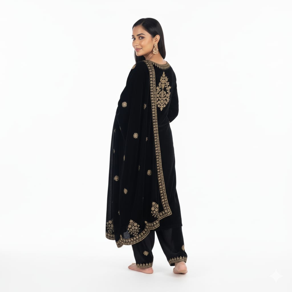 Black Classic Velvet Embroidery Work Heavy Bridal Kurti Pant Set