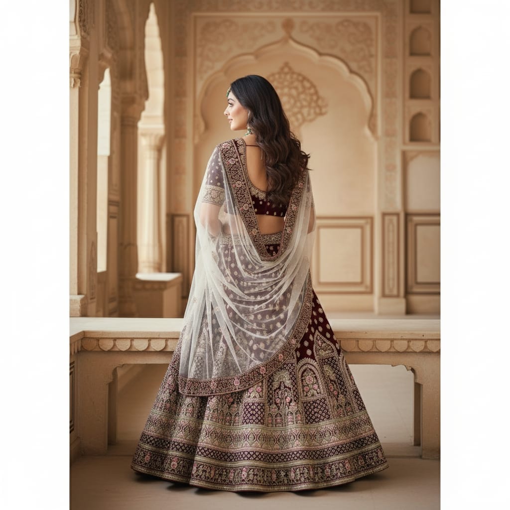 Silakaari Wine Velvet Bridal Lehenga Sharara Set with Zari, Zarkan & Cutdana Work
