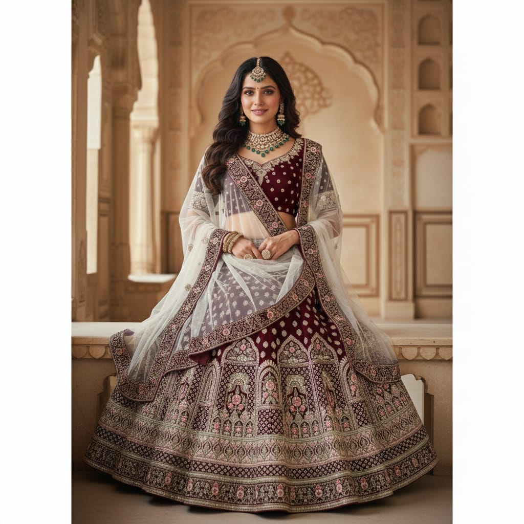 Silakaari Wine Velvet Bridal Lehenga Sharara Set with Zari, Zarkan & Cutdana Work