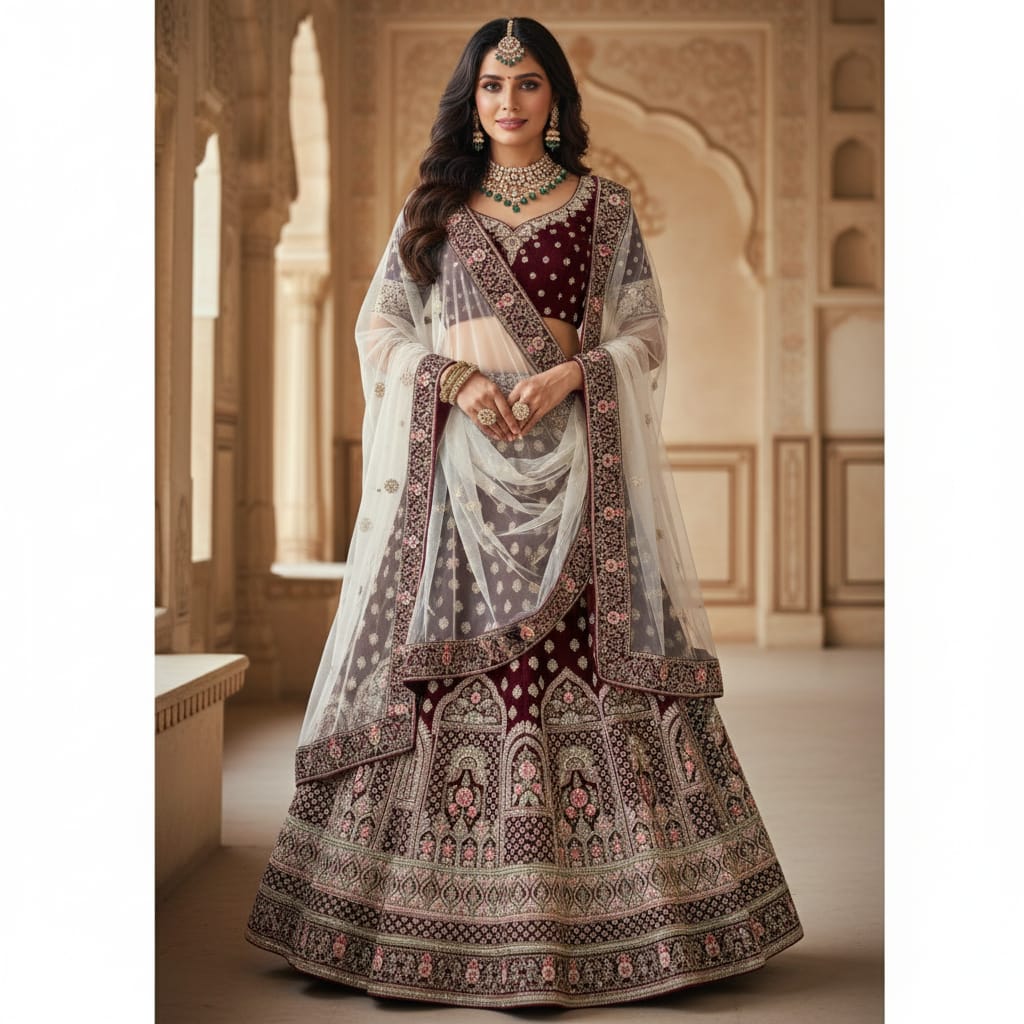 Silakaari Wine Velvet Bridal Lehenga Sharara Set with Zari, Zarkan & Cutdana Work