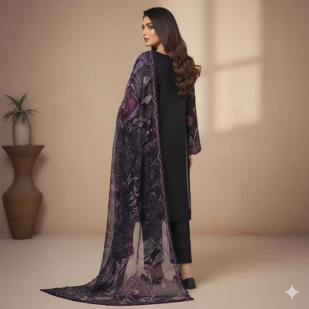 Silakaari Kurbat Pure Lawn All Over Embroidery With Sequin Black-Purple Full Patch Work  Ready-Made Dress