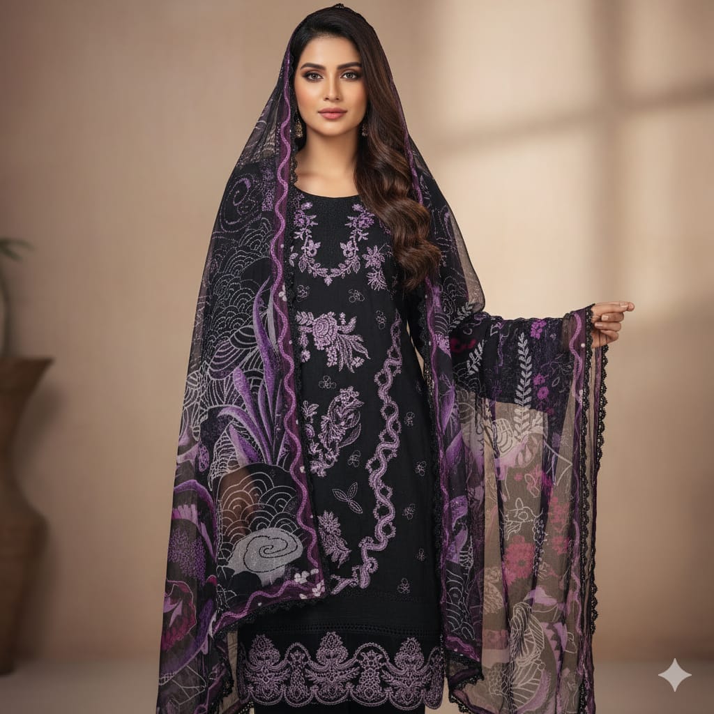 Silakaari Kurbat Pure Lawn All Over Embroidery With Sequin Black-Purple Full Patch Work  Ready-Made Dress